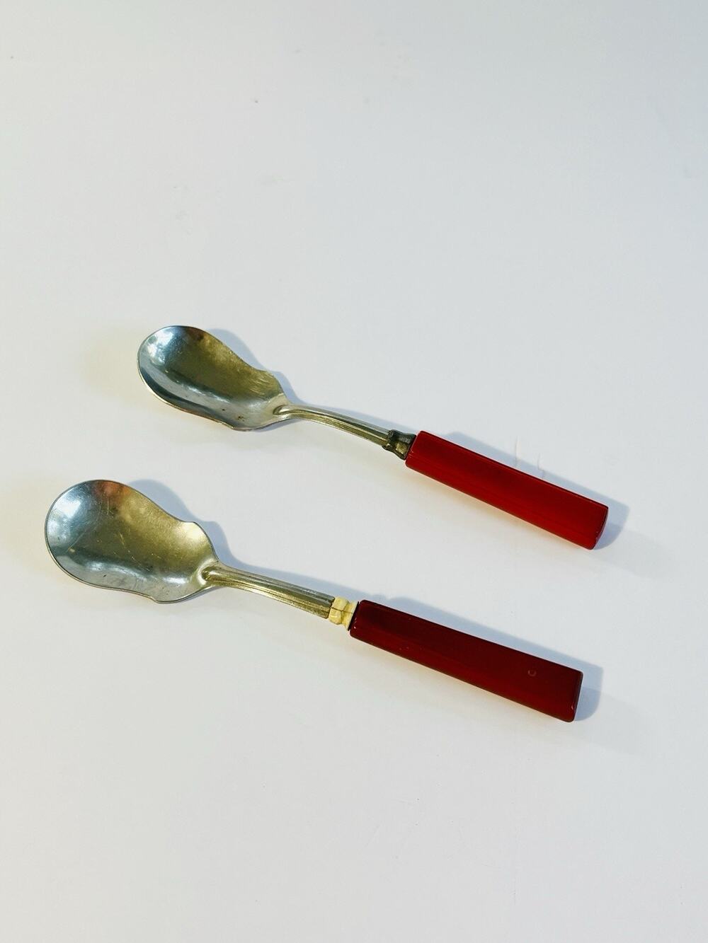 Vintage Pair Apple Red Bakelite Handle Sugar Jam Spoons Stainless MCM